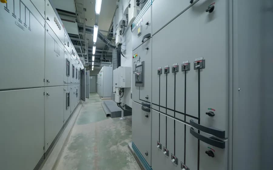 Gang med elektriske tavler i en transformerstation