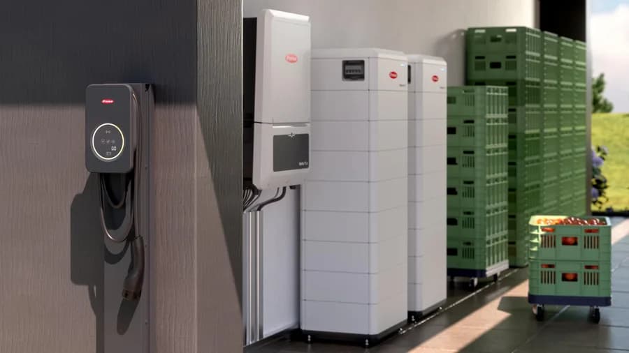 Ladeboks, inverter og batterimoduler monteret i et lagerrum