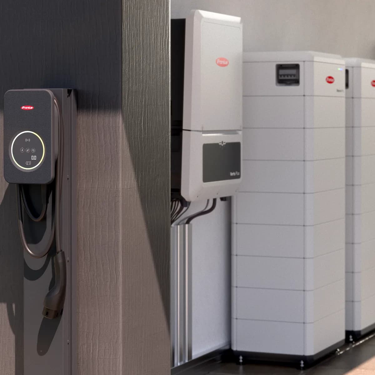 Ladeboks, Fronius inverter og stablede batterimoduler i et lagerrum