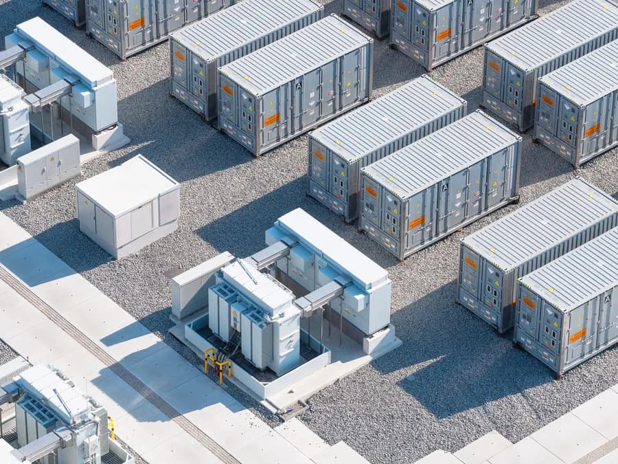 Batteripark set fra luften, med rækker af hvide containerenheder